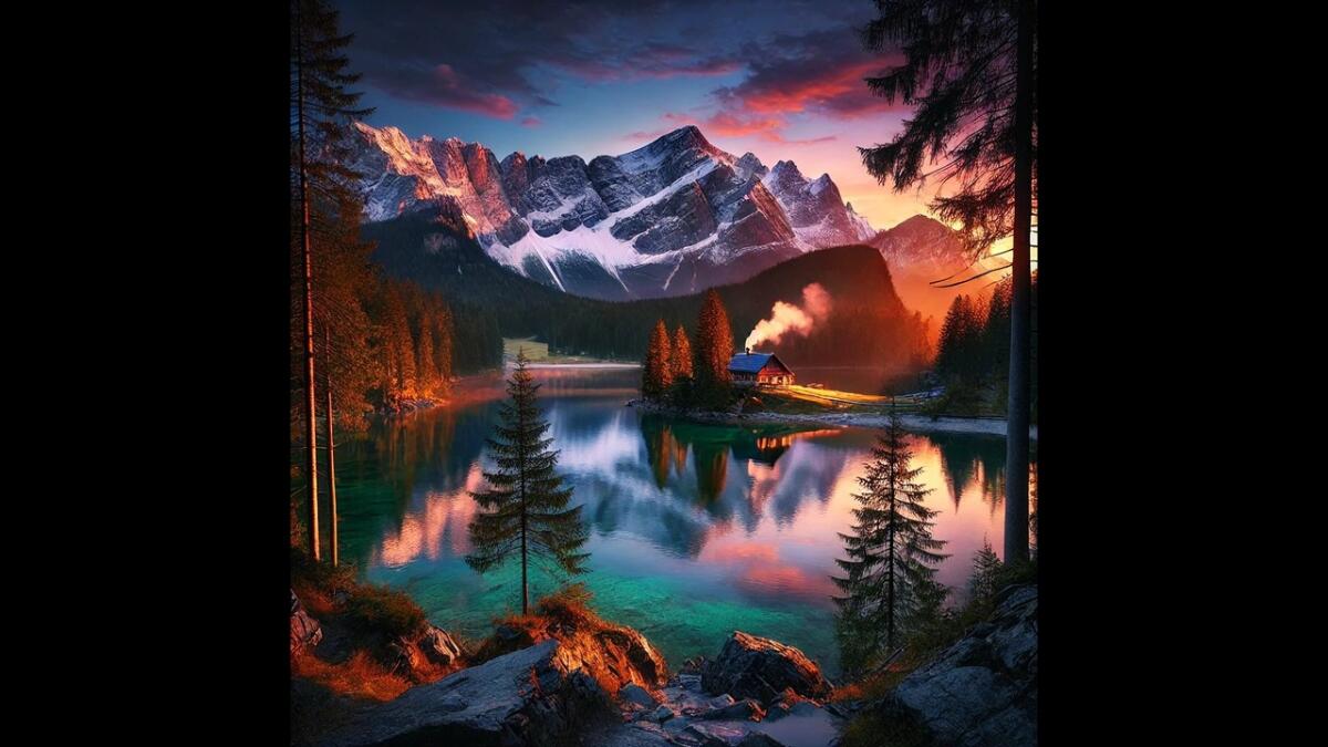 Experience The Serenity Of An Alpine Cabin: A Breathtaking Sunset Over Crystal-Clear Mountain Lake 1