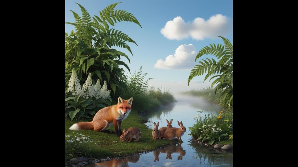 Discover The Serenity Of A Woodland Scene: A Red Fox And Curious Rabbits By A Flowing Stream 1