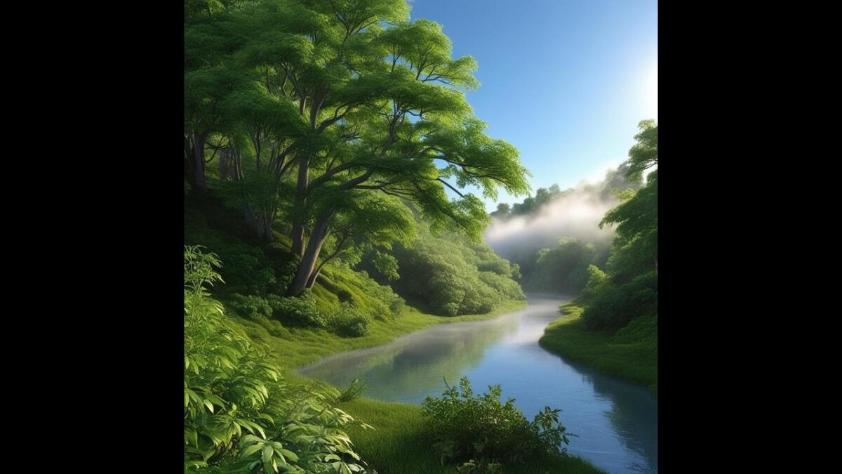 Discover The Serenity Of A Lush Riverside Landscape: Morning Light And Nature's Tranquility 1