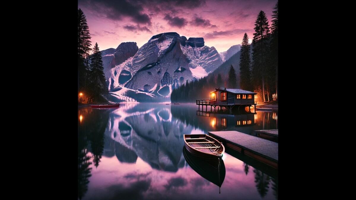 Exploring The Beauty Of Alpine Lakes: A Serene Twilight Scene With Snowy Mountains And Rustic Cabins 1