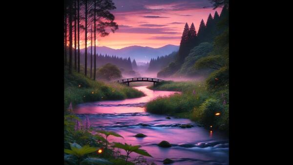 Captivating Twilight Scene: Experience The Serenity Of A Lush River Valley At Dusk