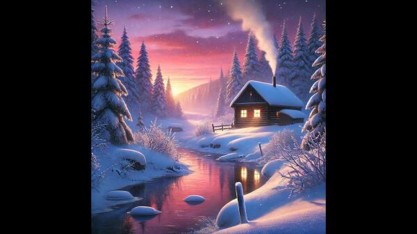 Experience The Tranquil Beauty Of A Snow-Covered Forest Cabin At Twilight