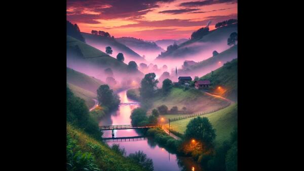 Enchanting Mountain Valley At Dawn: A Dreamlike Misty Landscape With Serene River Reflections