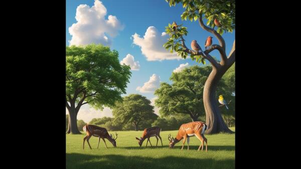 Exploring Tranquil Woodland Scenes: A Vibrant Snapshot Of Deer And Birds In Nature