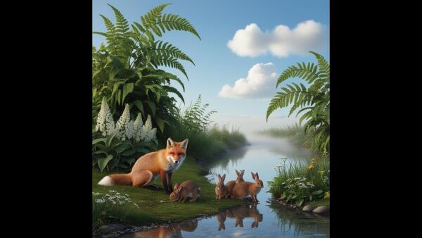 Discover The Serenity Of A Woodland Scene: A Red Fox And Curious Rabbits By A Flowing Stream
