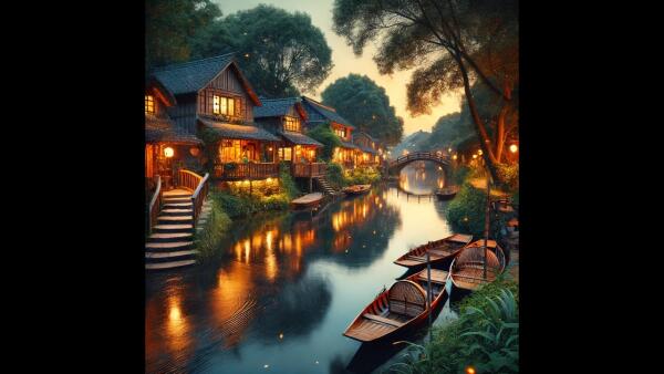 Exploring A Picturesque Riverside Village At Twilight: Timeless Serenity And Rustic Charm