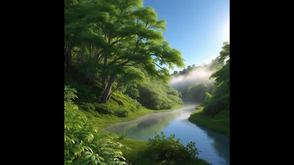 Discover The Serenity Of A Lush Riverside Landscape: Morning Light And Nature's Tranquility